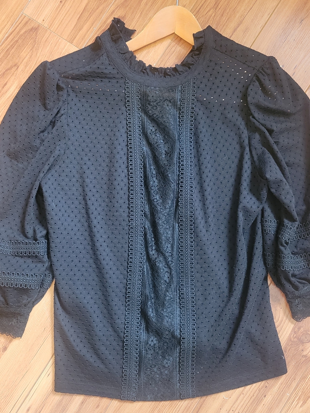 Black Lace-Trim Puff Sleeve Top - Women's